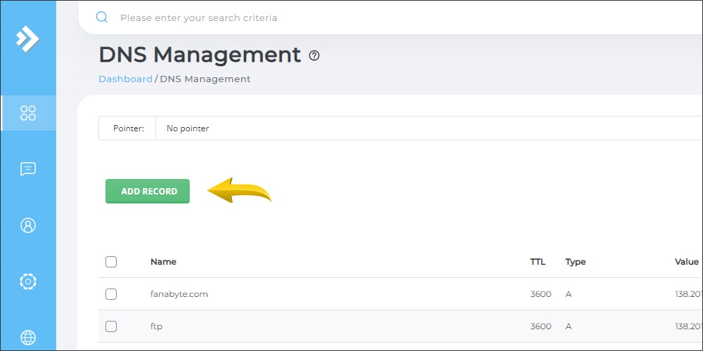 گزینه Add Record در بخش DNS Managment کنترل پنل دایرکت ادمین گزینه Add Record در بخش DNS Managment کنترل پنل دایرکت ادمین