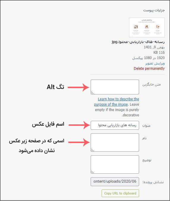 جزئیات یک تصویر آپلود شده در سیستم مدیریت محتوا وردپرس جزئیات یک تصویر آپلود شده در سیستم مدیریت محتوا وردپرس