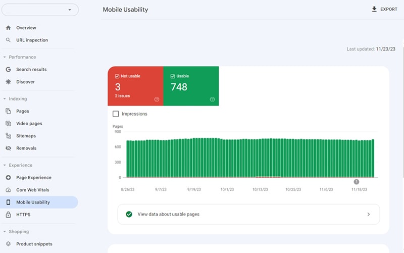 بخش Links سرچ کنسول بخش Mobile Usability سرچ کنسول