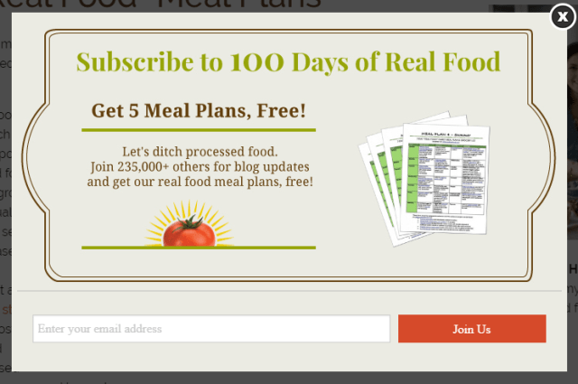 وب‌سایت 100daysofreallife.com با ارائۀ دستور پخت غذاهای سالم کاربران را ترغیب به ثبت ایمیل می‌کند.