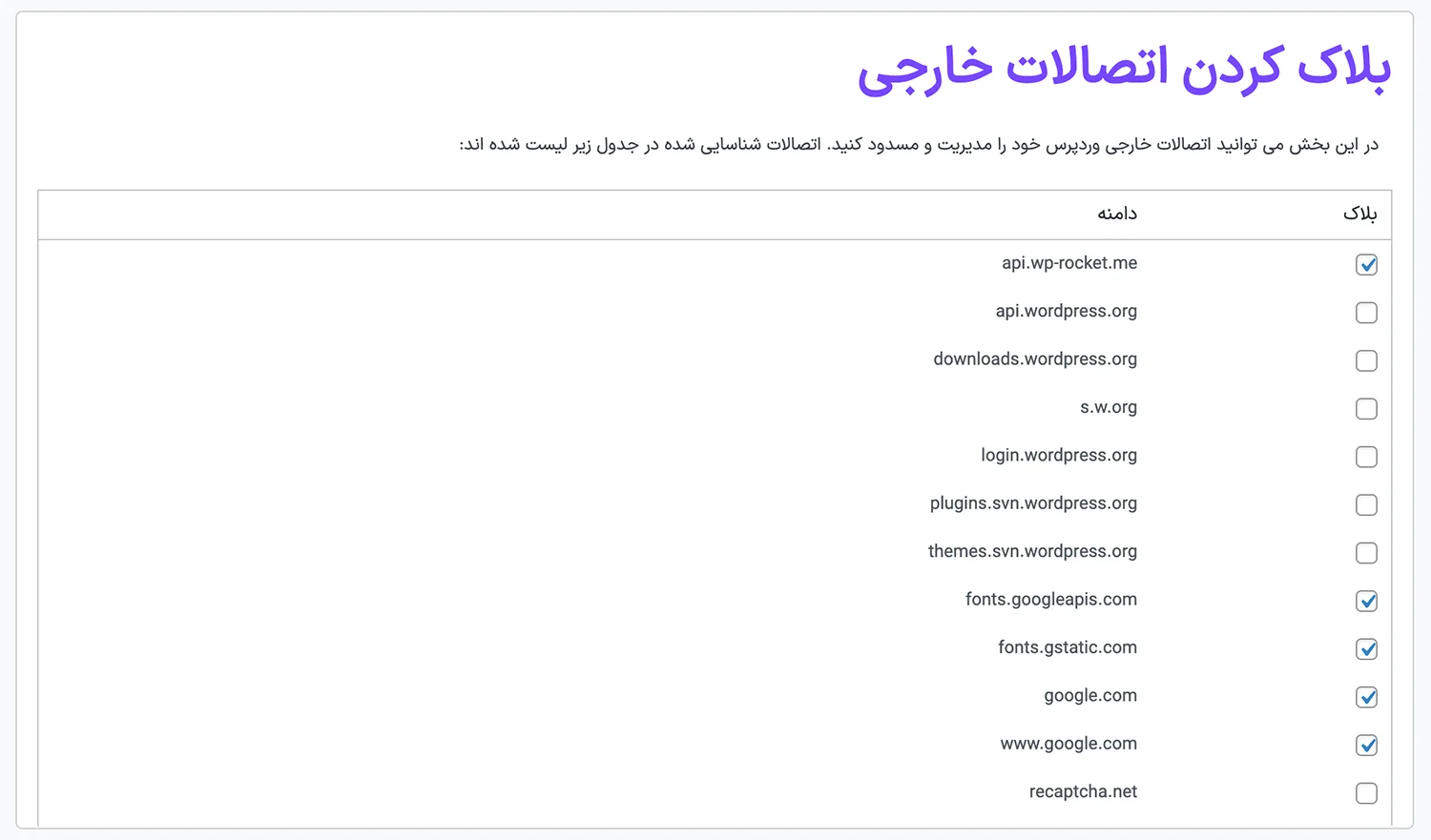 پیشنمایش صفحه افزونه وردپرس مدیریت و بلاک کردن اتصالات خارجی پیشنمایش صفحه افزونه وردپرس مدیریت و بلاک کردن اتصالات خارجی